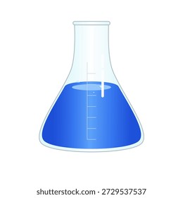 Illustration of Erlenmeyer flask filled with bright blue liquid for science or chemistry experiments.