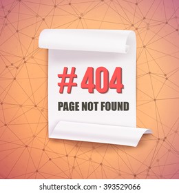 Illustration of Error 404 Futuristic Wireframe Vector Banner. Page Not Found Polygonal Network Background with Folded Paper Scroll Template