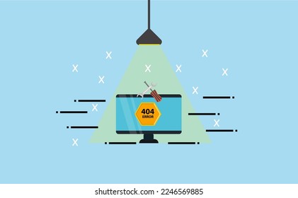 illustration of error 404 laptop screwdriver blue background eps10