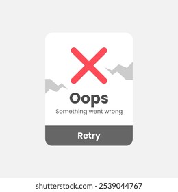 illustration of error pop up box with X icon, text Something went wrong, and Retry button. for representing error messages, failure alerts, or troubleshooting screens in apps, websites ui