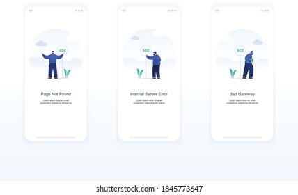 Illustration of error screens, handling exceptions, empty states. page not found error 404, internal server error 500, bad gateway error 502. Modern flat design concept ui ux.