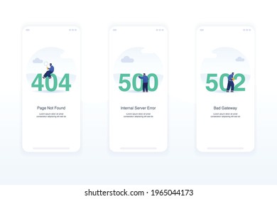 Illustration of error screens, handling exceptions, empty states. page not found error 404, internal server error 500, bad gateway error 502. Modern flat design concept ui ux.