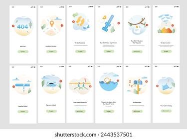 Illustration of error screens, handling exceptions, empty states. page not found 404, internal server error 500, bad gateway 502. Modern flat design concept of onboarding ui ux design.