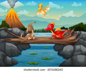 Illustration of an erupting mountain with dinosaurs in the river