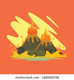 illustration of the eruption of Mount Merapi which burns around it