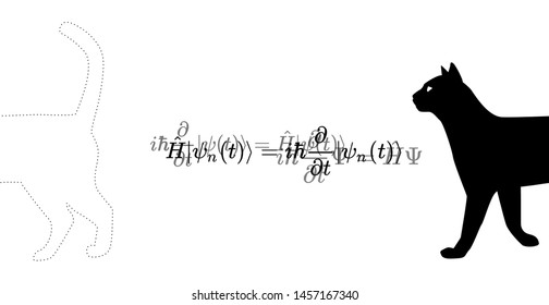 Illustration of Erwin Schrodinger (or Schroedinger) thought experiment, where the cat is both alive and dead due to  interpretations of quantum mechanics and state known as a quantum superposition.