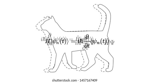 Illustration of Erwin Schrodinger (or Schroedinger) thought experiment, where the cat is both alive and dead due to  interpretations of quantum mechanics and state known as a quantum superposition.