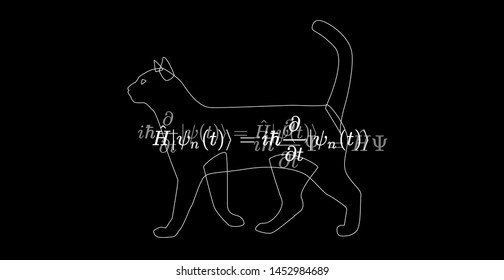 Illustration of Erwin Schroedinger's (or Schroedinger) thought experiment, where the cat is both alive and dead due to  interpretations of quantum mechanics and state known as a quantum superposition.