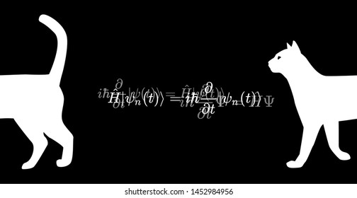 Illustration of Erwin Schroedinger's (or Schroedinger) thought experiment, where the cat is both alive and dead due to  interpretations of quantum mechanics and state known as a quantum superposition.