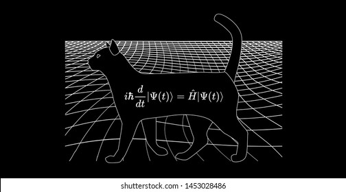 Illustration of Erwin Schroedinger's (or Schroedinger) thought experiment, where the cat is both alive and dead due to  interpretations of quantum mechanics and state known as a quantum superposition.