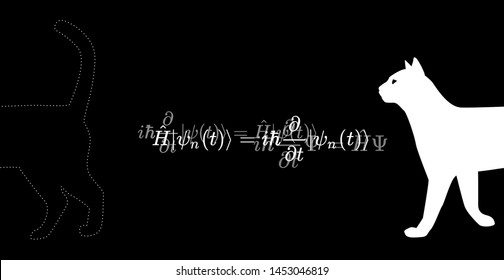 Illustration of Erwin Schroedinger's (or Schroedinger) thought experiment, where the cat is both alive and dead due to  interpretations of quantum mechanics and state known as a quantum superposition.