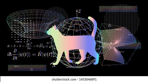 Illustration of Erwin Schroedinger's (or Schroedinger) thought experiment, where the cat is both alive and dead due to  interpretations of quantum mechanics and state known as a quantum superposition.