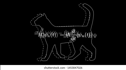Illustration of Erwin Schroedinger's (or Schroedinger) thought experiment, where the cat is both alive and dead due to  interpretations of quantum mechanics and state known as a quantum superposition.
