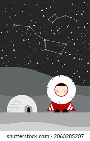 Illustration of the Eskimo and igloo on the night sky background