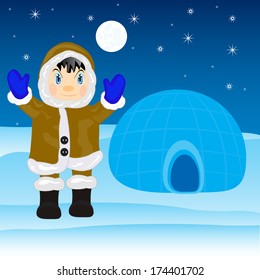 Illustration of the eskimo near by igloo on north