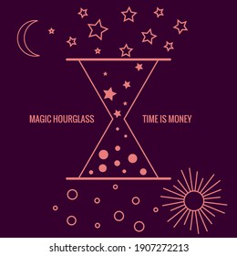 Illustration of an esoteric phenomenon. Magic hourglass, time and money, night and day. Vector drawing in outline style for tarot cards design, social networks, groups, web pages.