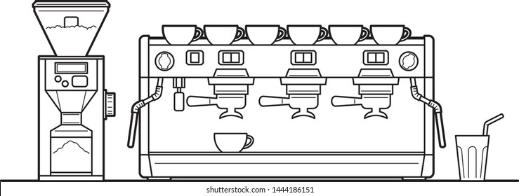 Illustration of espresso/coffee machine with coffee grinder