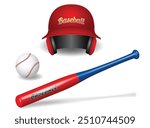 An illustration of essential baseball equipment, including a red baseball helmet, a white baseball, and a red and blue baseball bat. The items are depicted in a clean and realistic style, perfect for 