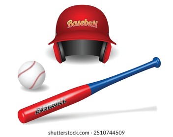 Uma ilustração de equipamentos essenciais de beisebol, incluindo um capacete vermelho de beisebol, um beisebol branco e um taco de beisebol vermelho e azul. Os itens são retratados em um estilo limpo e realista, perfeito para 