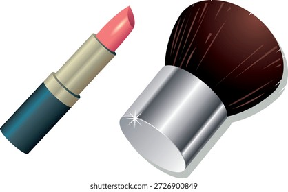 Illustration of essential cosmetic items including a lipstick and a makeup brush, commonly used for daily makeup application. Ideal for beauty, cosmetics, fashion, and personal care–related designs, blogs, and promotional materials.
