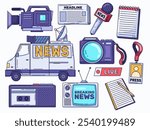 Illustration of essential equipment and devices used in the news media industry, including a news van, professional video camera, microphone, newspaper, notepad, press ID badge, camera, audio recorder