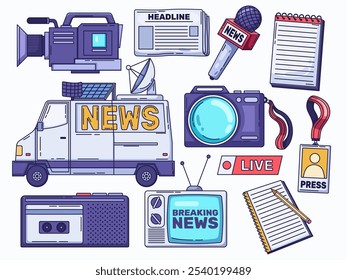 Illustration of essential equipment and devices used in the news media industry, including a news van, professional video camera, microphone, newspaper, notepad, press ID badge, camera, audio recorder