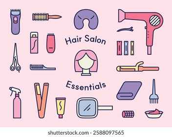 Illustration of essential hair salon tools, including hairdryers, scissors, brushes, and beauty products, representing professional hairdressing and self-care.