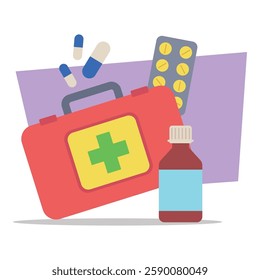 Illustration of essential health care items including first aid kit, medication bottles, and pills. Health and well-being essentials for daily use concept