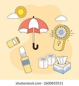 Illustration of essential summer items including an umbrella, portable fan, tissue, and sunscreen. Flat character design with a clean and modern aesthetic.