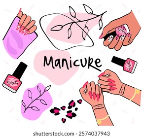 Illustration esthetic manicure on white background.