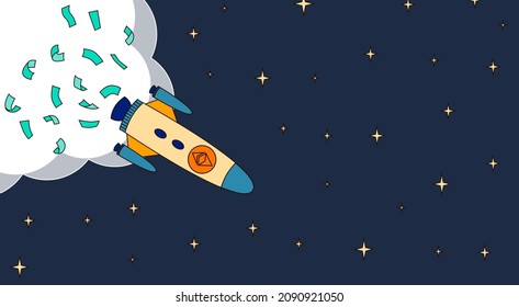 Illustration of ethereum spaceship falling in starry sky. Concent of falling cryptocurrency prices. Rocket launcher with falling money banknotes flying on dark night. ETH wealth