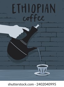 Illustration der äthiopischen Kaffeezeremonie. Hand, die eine Kaffeekanne hält und Kaffee zu Kaffeetasse gießt. Äthiopischer Kaffee goss aus Jebena (Kaffeeepot) in eine ausgestellte Tasse. Vektorgrafik-Zeichnung.