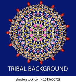 Illustration ethnic background with mandala of a circular ornament with precious stones