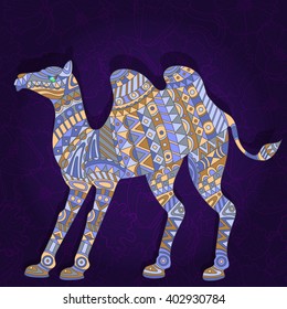 Illustration in ethnic style with a picture of a camel on a dark floral background