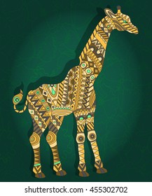 Illustration in ethnic style with a picture of a giraffe on a dark floral background