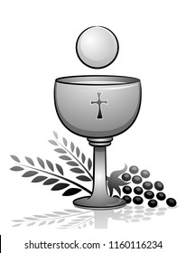 Illustration of the Eucharist with Goblet with Wine and Grapes and Wheat. Holy Communion