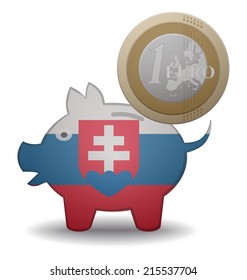 illustration of a euro coin going into a piggy bank with the flag of Slovakia