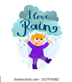 Illustration of a euroapean boy walking in the rainy weather with lettrring. I love rain desing.