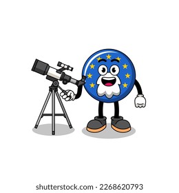 Illustration of europe flag mascot as an astronomer , character design