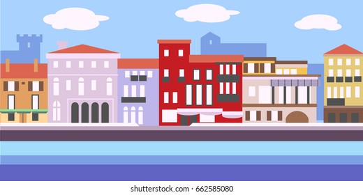 Illustration of European cityscape in simple style. Traditional landscape. Houses in the old European style. City street vector