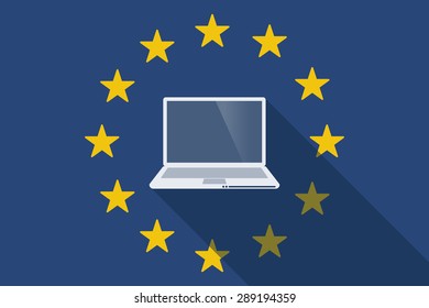 Illustration of an European Union long shadow flag with a laptop