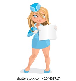 Illustration of european young blond long hairs woman stewardess with message board