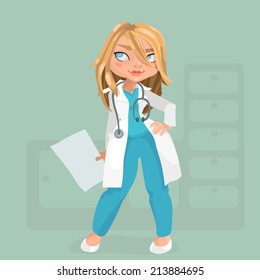 Illustration of european young blond long hairs woman stewardess
