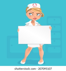 Illustration of european young blond woman stewardess with message board