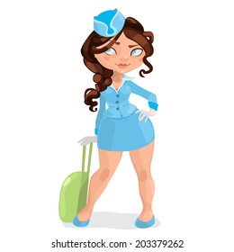 Illustration of european young brunette long hairs woman stewardess with luggage