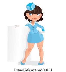 Illustration of european young brunette woman stewardess with message board