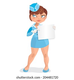Illustration of european young with red hairs woman stewardess with message board