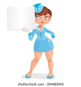 Illustration of european young with red hairs woman stewardess with message board