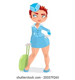 Illustration of european young with short red hairs woman stewardess with luggage green