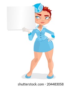 Illustration of european young with short red hairs woman stewardess with message board
